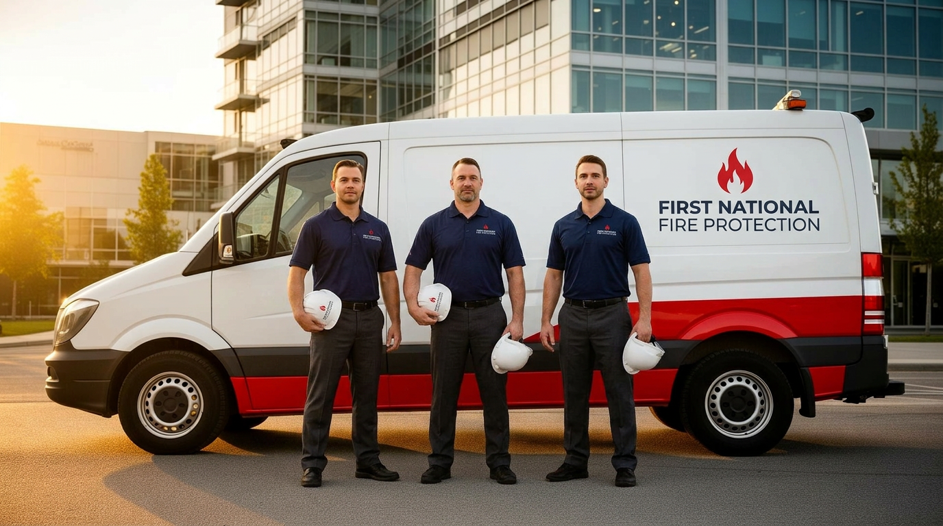 First National Fire Protection technicians beside a branded service vehicle