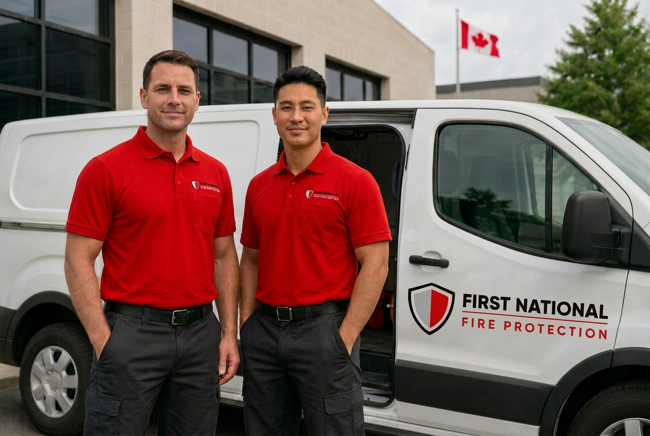 First National Fire Protection technicians beside a branded service vehicle